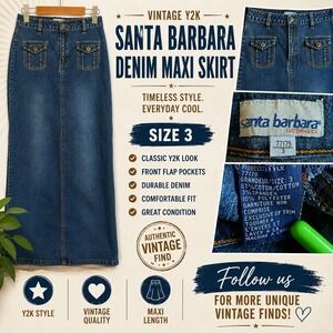 Santa Barbara Vintage Y2K Denim Maxi Skirt Size 3 Dark Wash Flap Pockets 77179